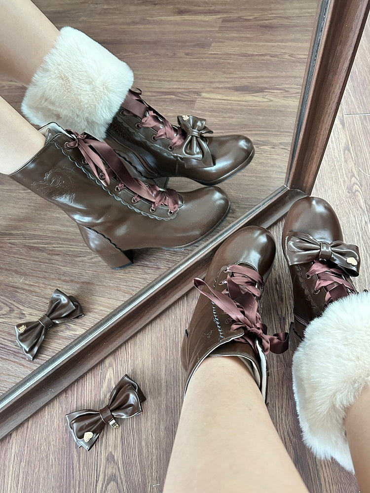 Brown Mid-calf Boots for Lolita - Mid-heel with Removable Bow & Interchangeable Plush Cuff