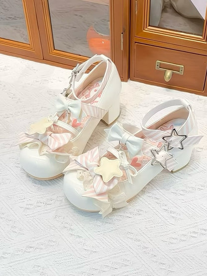 White Striped Pattern Bowknot Details Star Buckle Straps Lolita Shoes