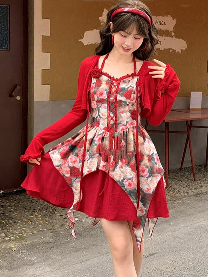 Red Rosette Print Cascading Ruffles Lace-up Front Cami Dress