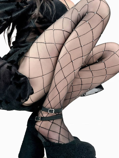 Black/White Rhinestone Decorated Fishnet Tights