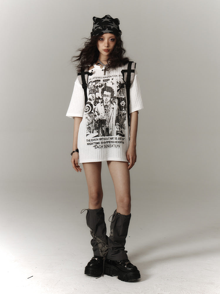 Punk White Asymmetrical Cutout Shoulder Graphic T-shirt