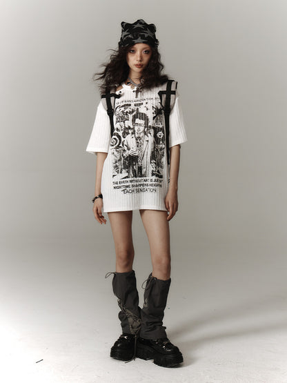 Punk White Asymmetrical Cutout Shoulder Graphic T-shirt