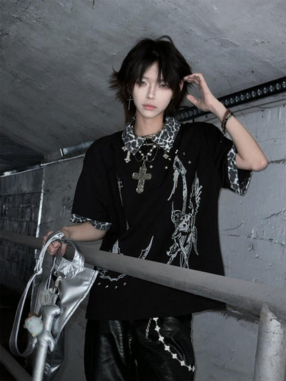 Y2K T-Shirt with Leopard Patchwork and Cross Print
