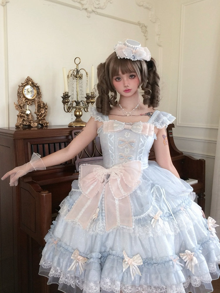 Pink Bow Accents Light Blue Natural Waist Hime Lolita Dress
