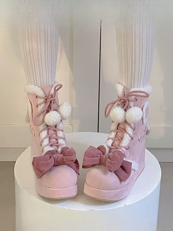 6cm/8.5cm Platform Pink Sweet Style Winter Boots with Heart Patches & Bow Accents