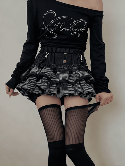 White / Black Stockings with Semi-sheer Vertical Striped Cuff