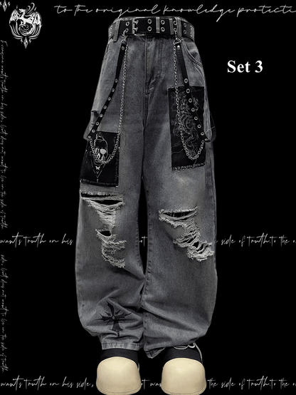 Blue Distressed Holes Skeleton Applique Punk Wide-leg Jeans