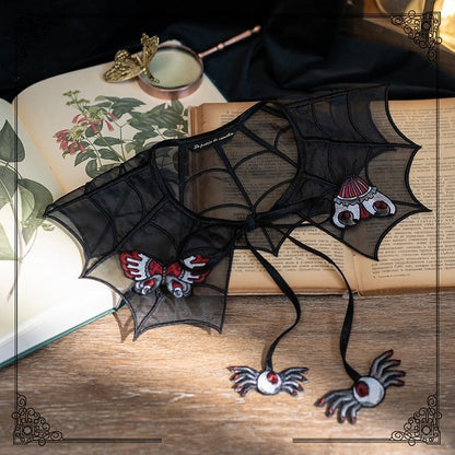Black Spider Web Embroidery Organza Fake Collar with Detachable Butterfly and Moth Brooch
