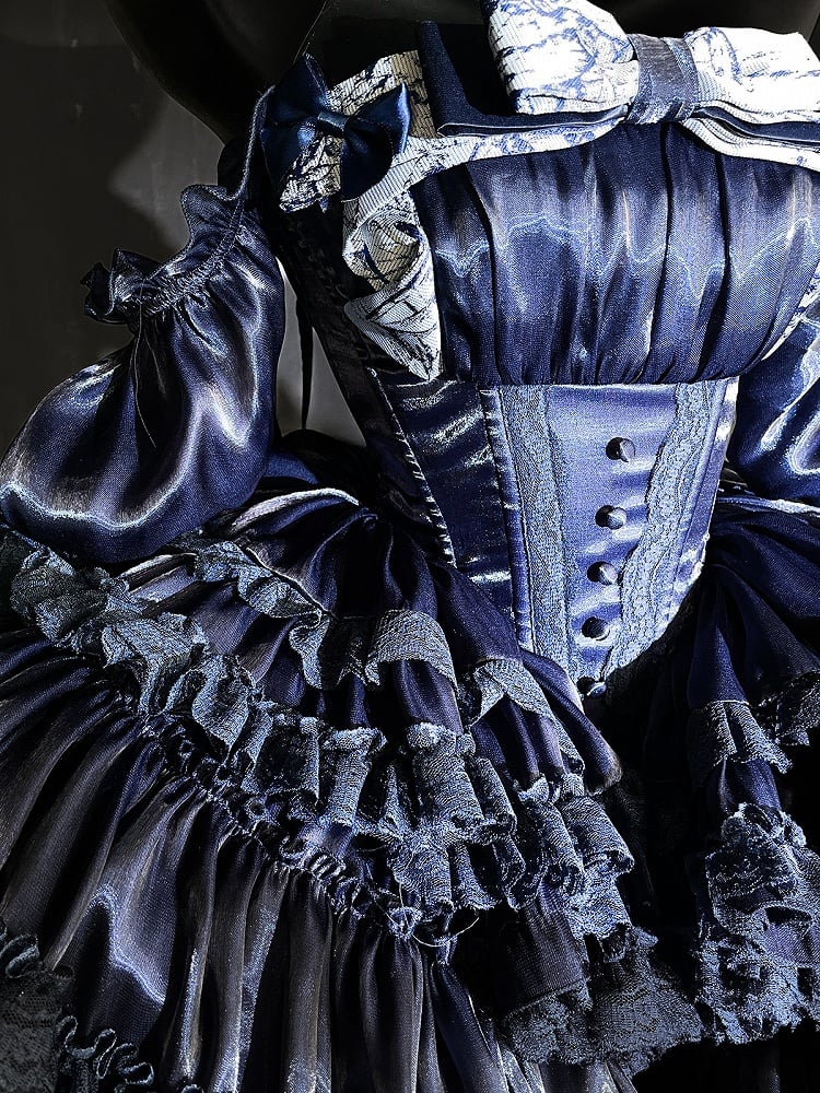 Dark Blue Basque Waist Tiered Sweet Lolita Balletcore Dress with Lace Accents