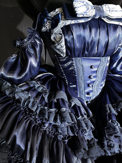 Dark Blue Basque Waist Tiered Sweet Lolita Balletcore Dress with Lace Accents