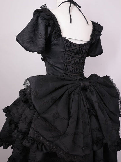 Black Princess Corset Waist Dress Ruffle Skirt Lolita OP with Big Bow at Back