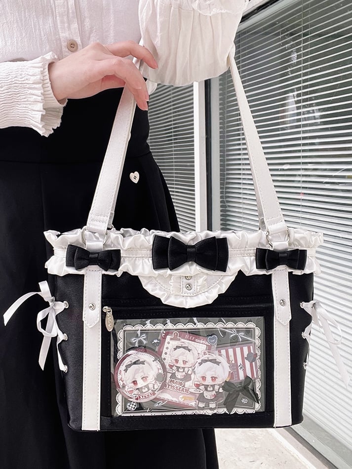 Black&White Bowknot Details Ruffles Trim Lace-up Design Ita Bag