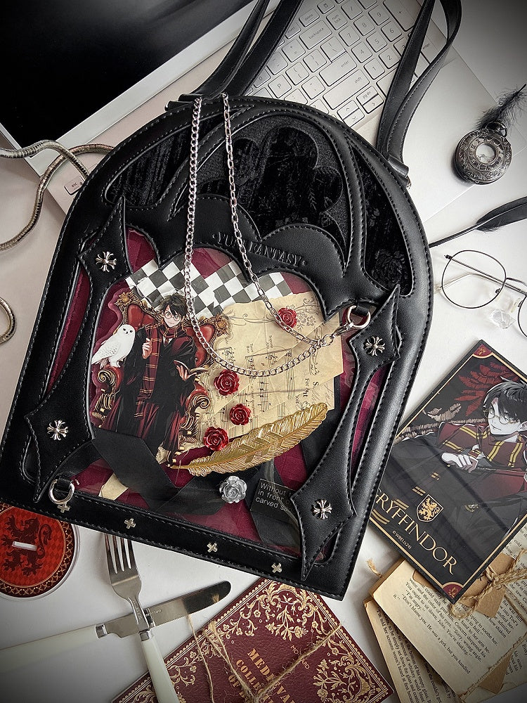 2 Ways Gothic Cage Shape Small Capacity Black & Red Ita Crossbody Bag - Dark Aesthetic