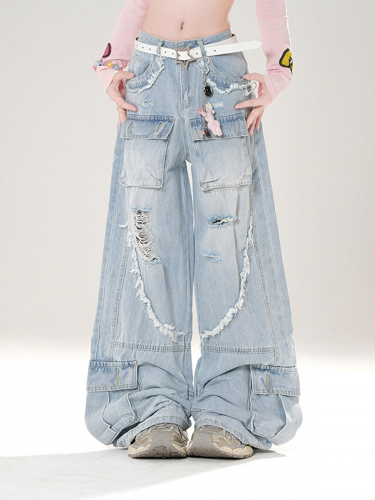 Black/Blue Low Rise Distressed Holes Raw Hem Wide-Leg Cargo Jeans