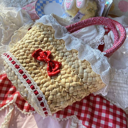 Red Bowknot Details Mushroom Charm Cottagecore Country Lolita Straw Tote Bag