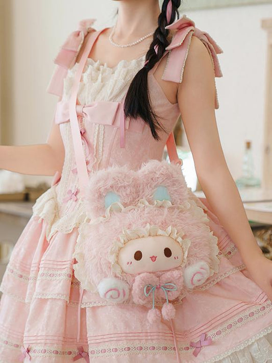 Pink Kawaii Bunny Plush Crossbody/Shoulder Bag + Bead Chain Shoulder Strap