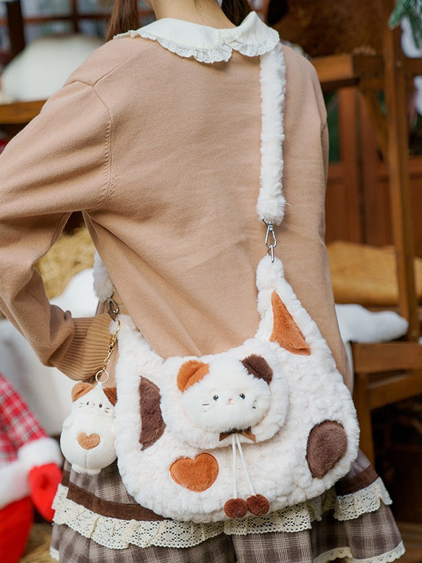 White Cute Kitty Plush Shoulder Bag With Pompons