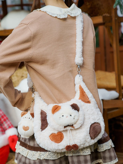 White Cute Kitty Plush Shoulder Bag With Pompons