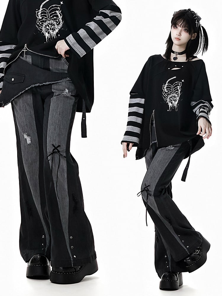 Black Distressed Holes Asymmetrical Waistline Flared Jeans