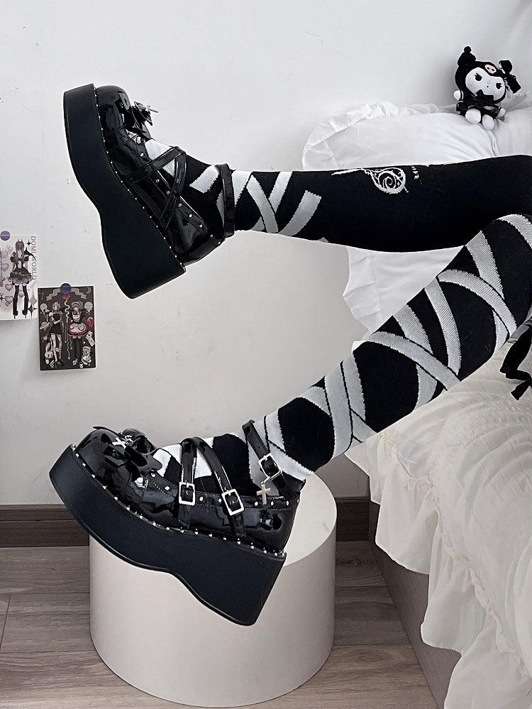 Demon Wings Punk Black Platforms Cross Details