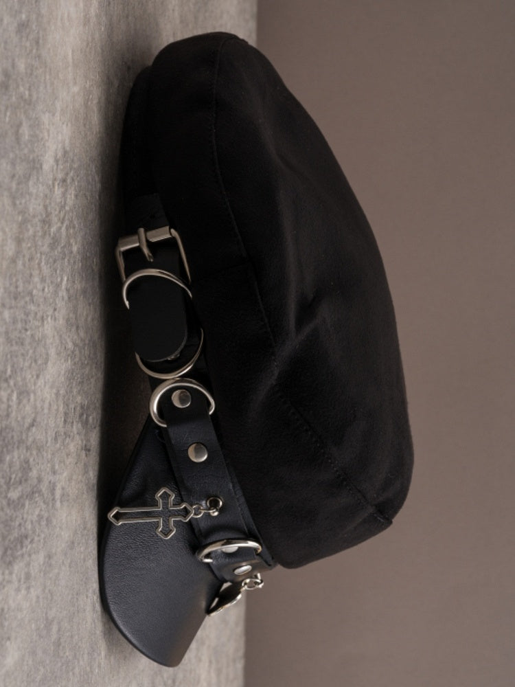 Black Gothic Studs Details Bone And Cross Charm Beret Hat