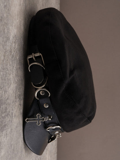 Black Gothic Studs Details Bone And Cross Charm Beret Hat