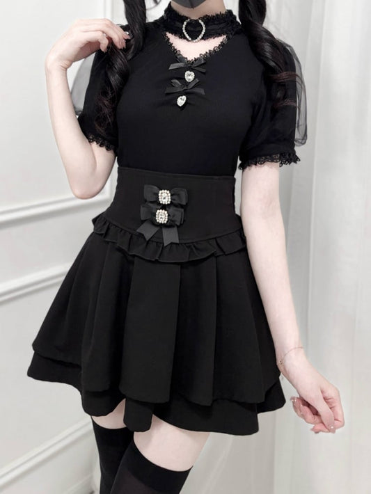Bowknot and Rhinestone Decoration Choker Design Black Jirai Kei Blouse