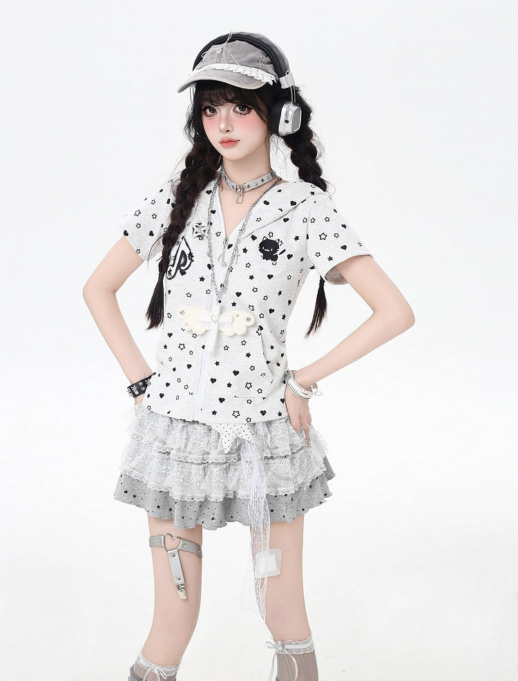 Y2K Kitty Ears Hood Allover Star and Heart Print Off White/Black Zip-up Jacket
