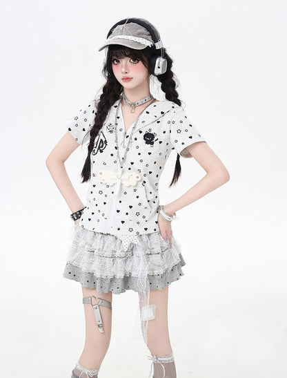 Y2K Kitty Ears Hood Allover Star and Heart Print Off White/Black Zip-up Jacket
