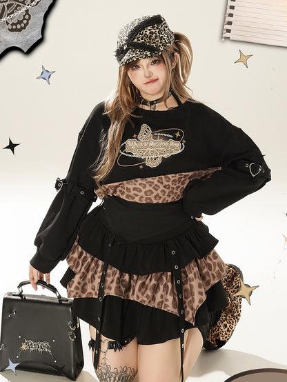 Plus Size Straps Design Leopard Pattern Black and Brown Tiered Skirt