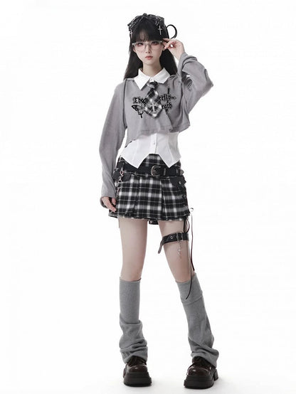 Y2K Lace-up Detail Black & White/ Khaki Plaid Skort with Buckle Belt and Chain
