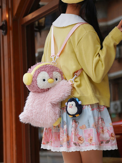 Pink Cute Penguin Plush Backpack/Crossbody Bag + Penguin Keychain Middle/Large Size