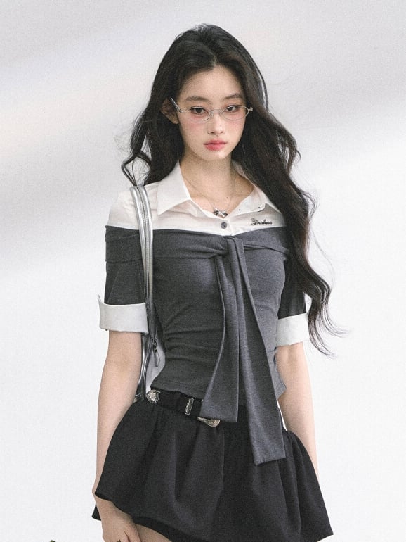 Gray and White Faux Two-pieces T-shirt Self-tie Straps at Neckline