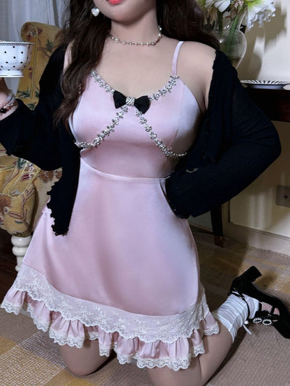 Plus Size Glittering Rhinestones Pink High Waist Sweet Dress