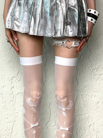 White Y2K Bowknot Details Crisscorss Banded Over-knee Stockings