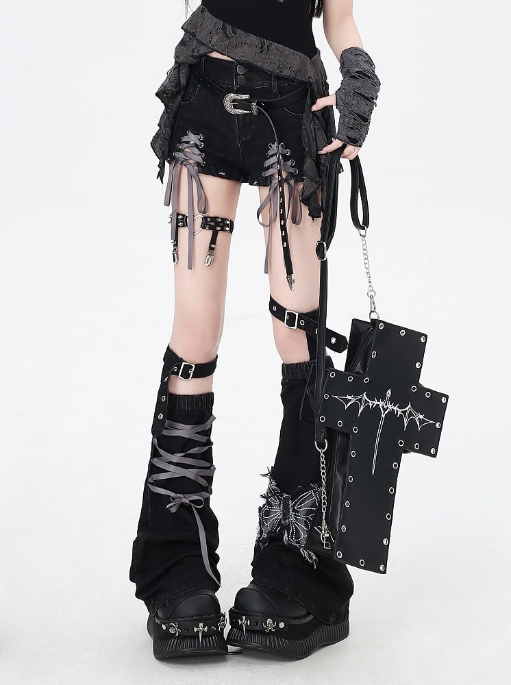 Black and Gray Lace-up Details Hem Denim Shorts with Butterfly Applique Leg Warmers