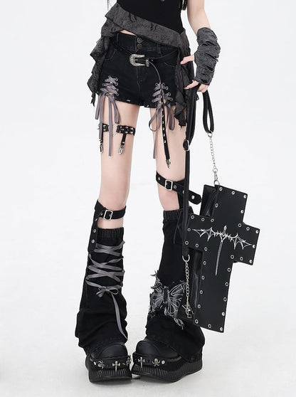 Black and Gray Lace-up Details Hem Denim Shorts with Butterfly Applique Leg Warmers