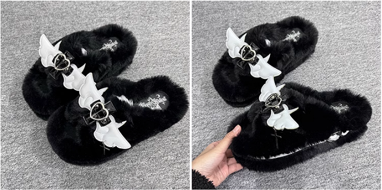 Cross Wings Decorated Black Plush Platform Slippers Punk Winter Shoes