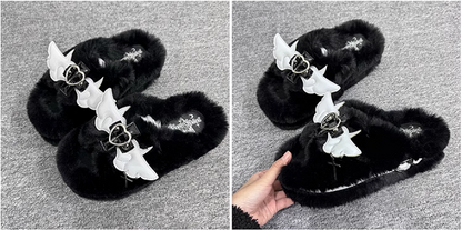 Cross Wings Decorated Black Plush Platform Slippers Punk Winter Shoes