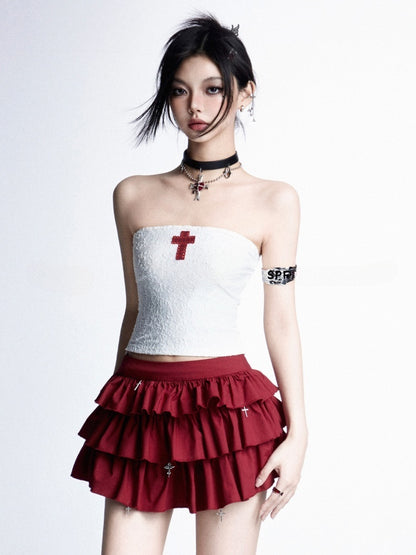 Gothic Red Cross Applique White Cropped Strapless Top/Red Cross Charms Tiered Skirt
