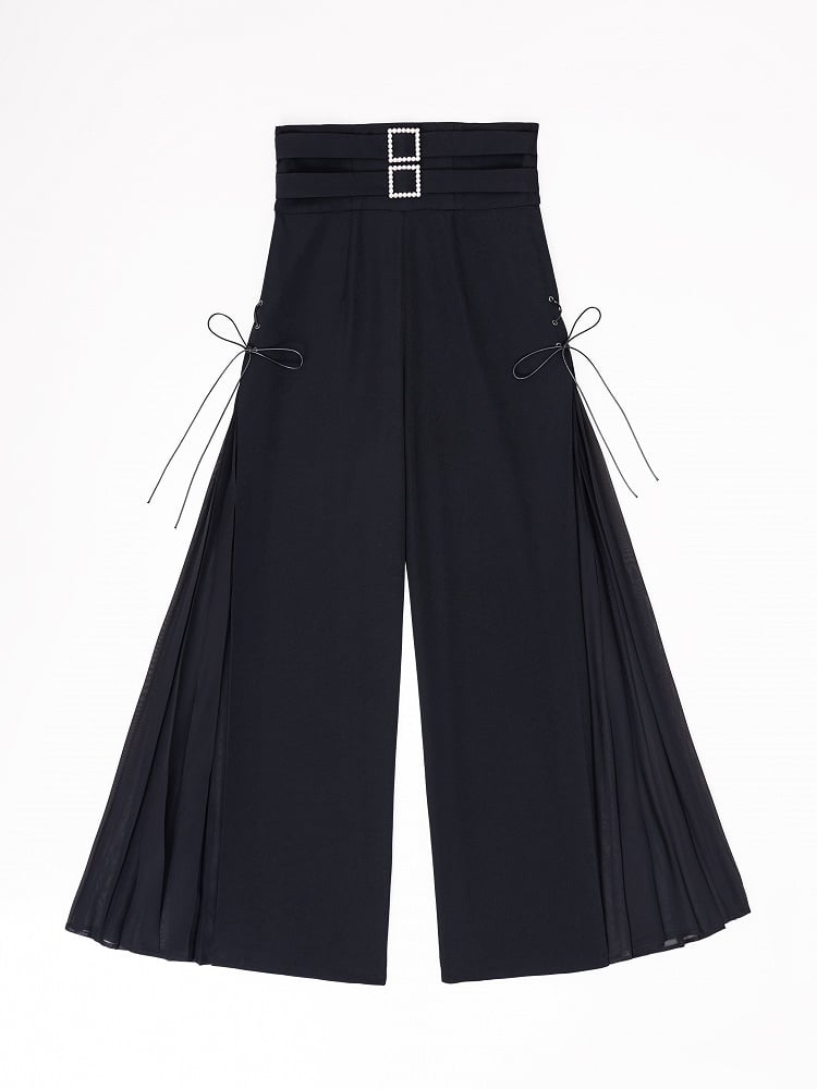 Black High Waist Flowing Pleated Chiffon Panels Wide-leg Pants
