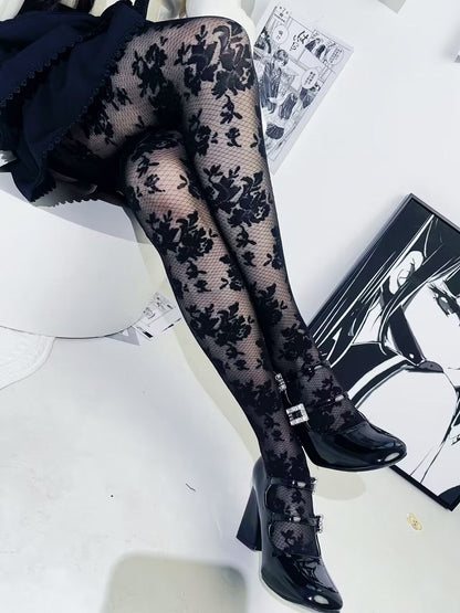 Black Floral Pattern Fishnet Tights