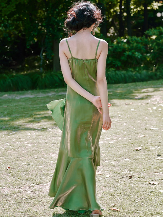 Green Floral Mermaid Skirt Flounce Hem Summer Cami Dress