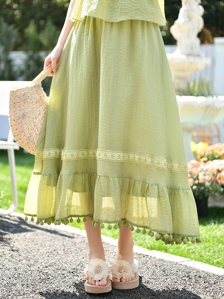 Mori Kei Green Pompon Tassel Hem Lace Trim A-line Skirt