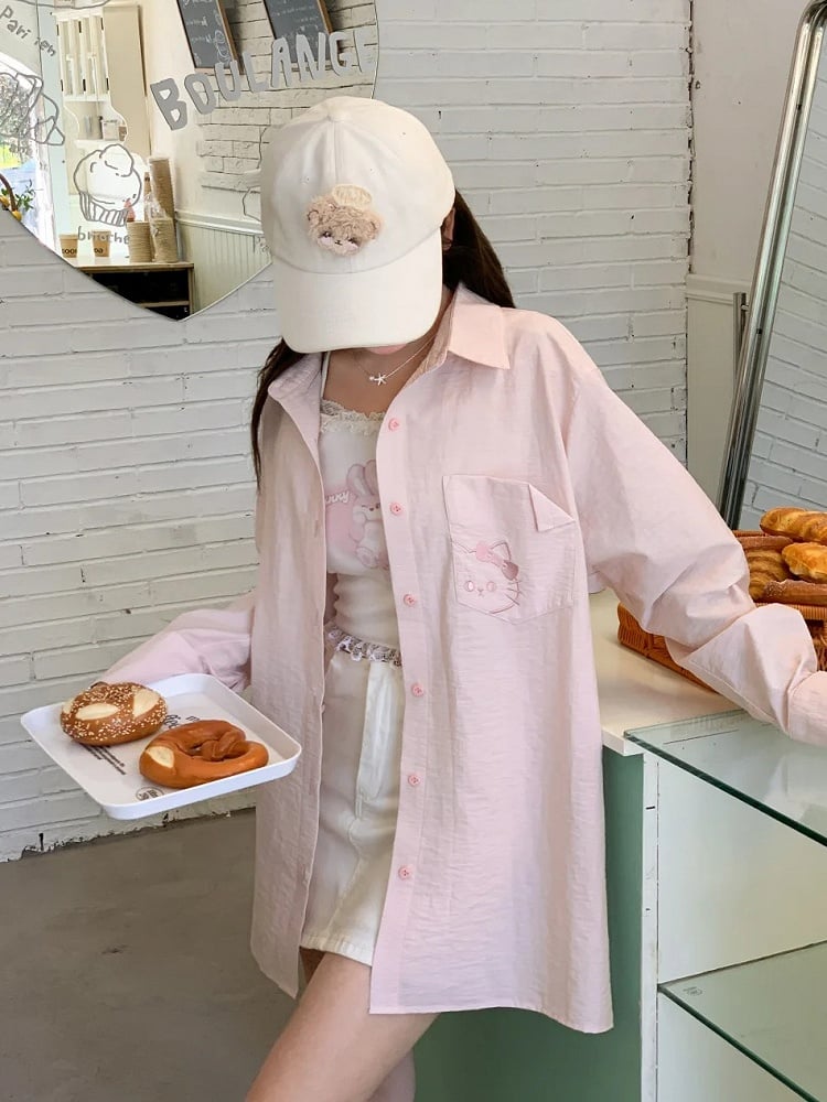 Kitty Embroidery on Pocket Kitty-shaped Cutout Detail Back Blue/Pink Loose Shirt