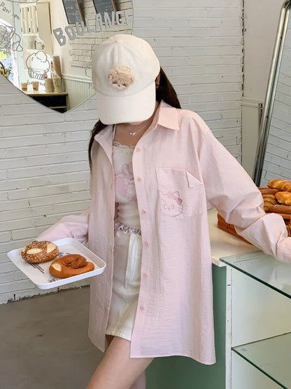 Kitty Embroidery on Pocket Kitty-shaped Cutout Detail Back Blue/Pink Loose Shirt