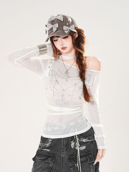 White/Black Asymmetrical Neckline Rhinestone Details Buckle Halter Neck Top