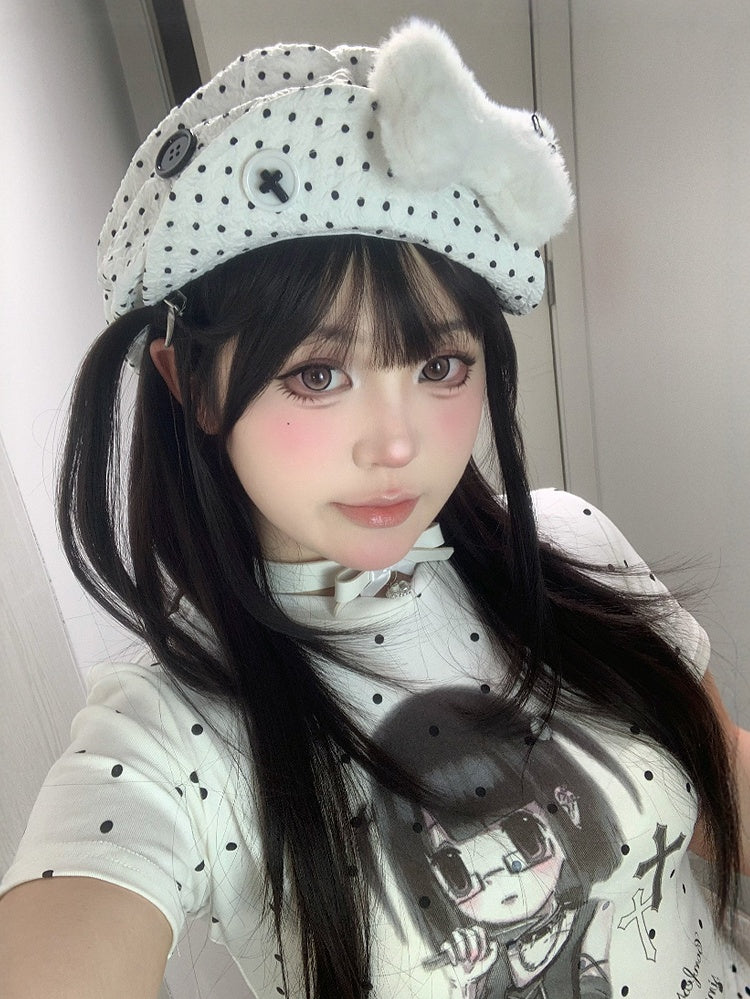 Black/White Polka-dot Pattern Button Decorated Beret Hat With Plush Bone