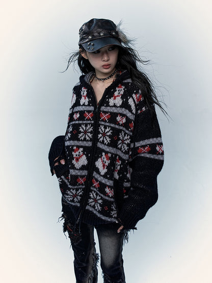 2024 Christmas Black/Brown Mohair Hooded Sweater