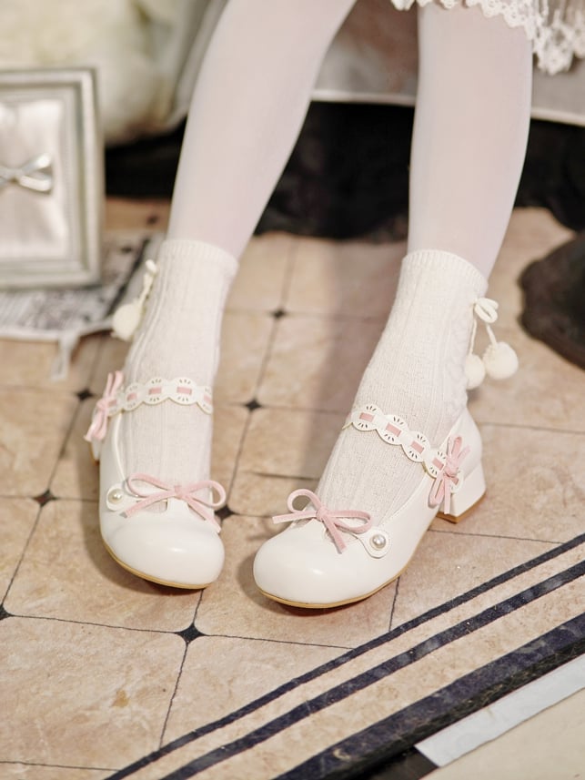 White Beaded Decorated Knotted Bow at Top Round Toe Lolita Shoes